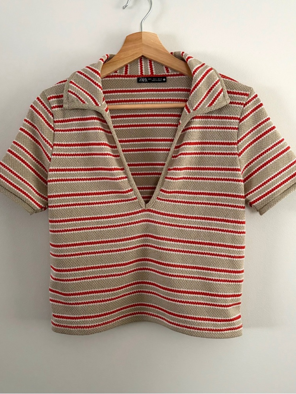 Zara Beige Polo Crop Top with Red & White Stripes